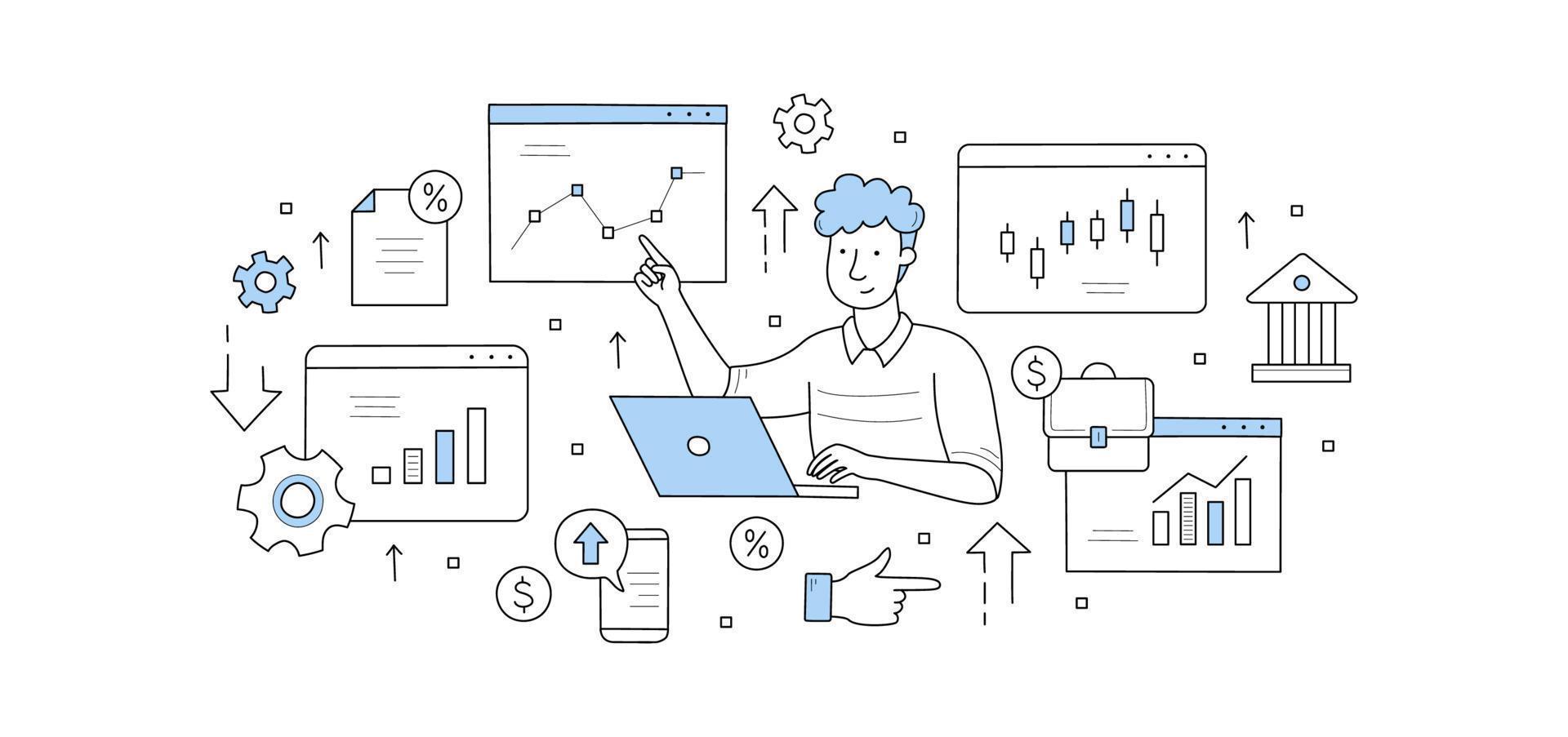 Stock market doodle concept, trader work poster vector