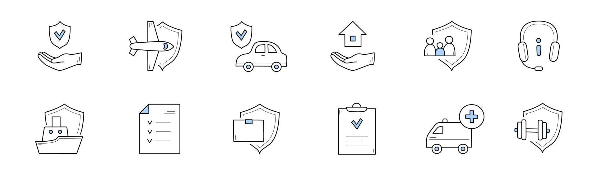 Insurance service doodle icons. Vector signs set