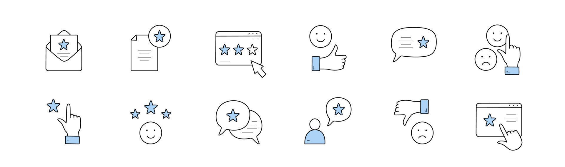 Rate icons set in doodle style review linear signs vector