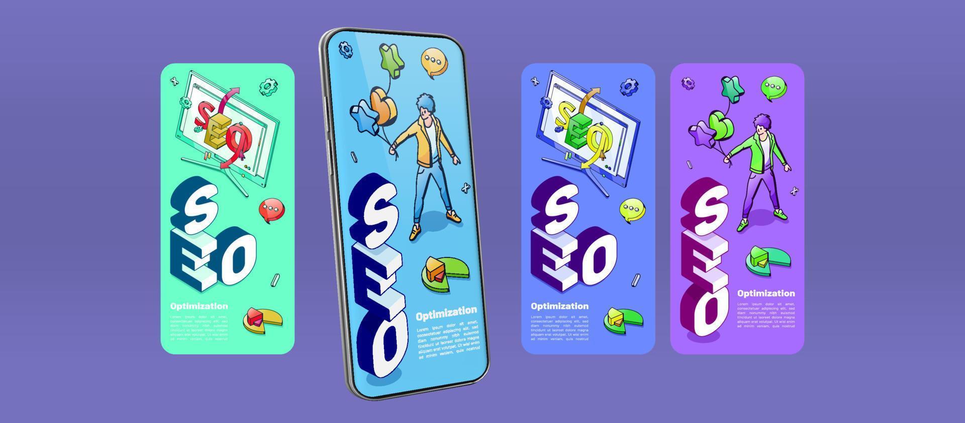 SEO optimization banners for mobile phone app vector