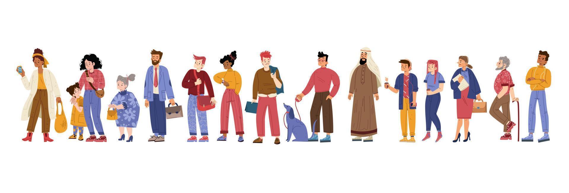 Different people stand in queue, characters row vector