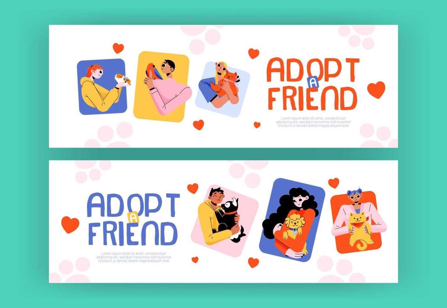 Adopt a friend banners, people hugging pets vector