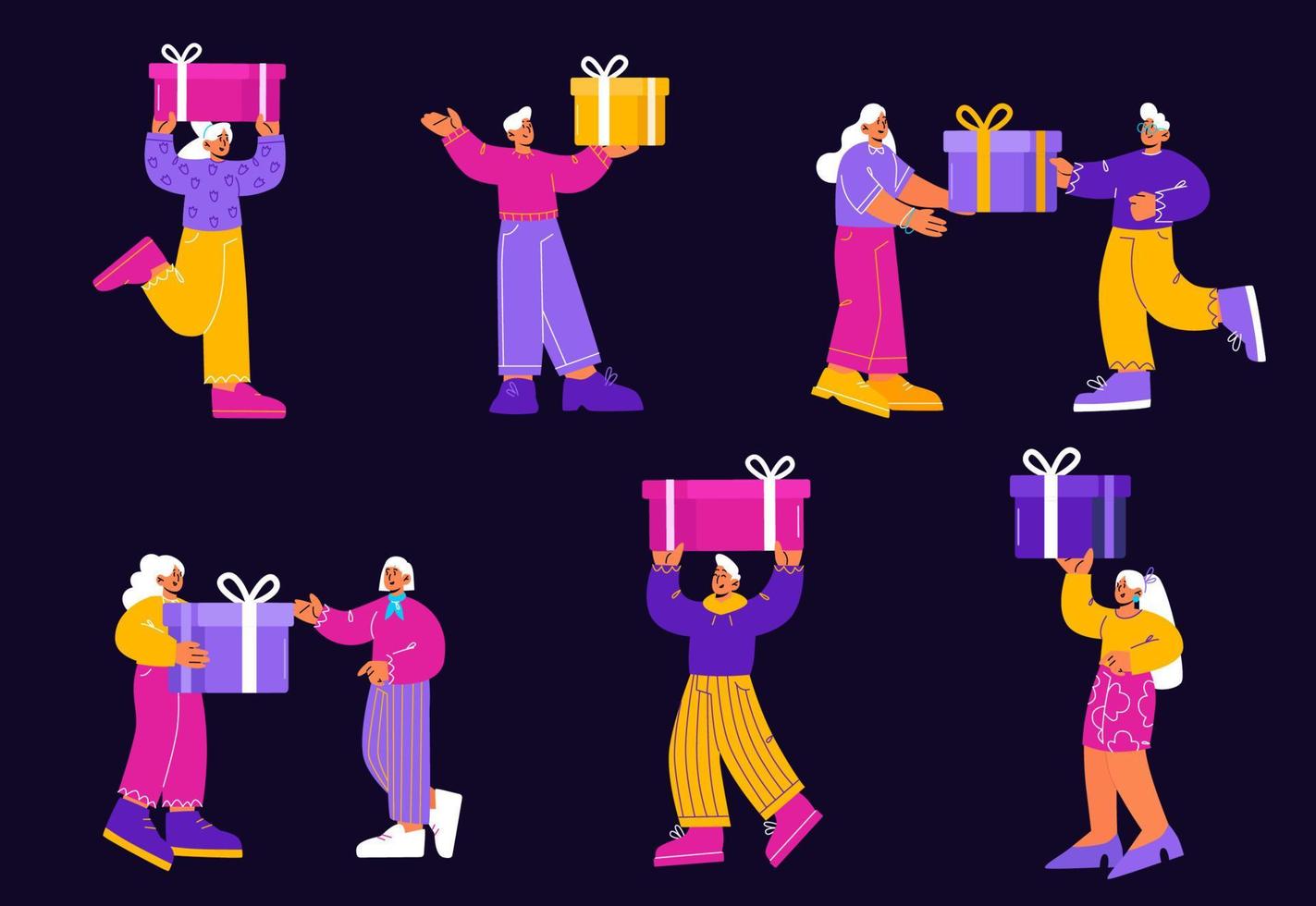 Happy people with gift boxes isolated vector set