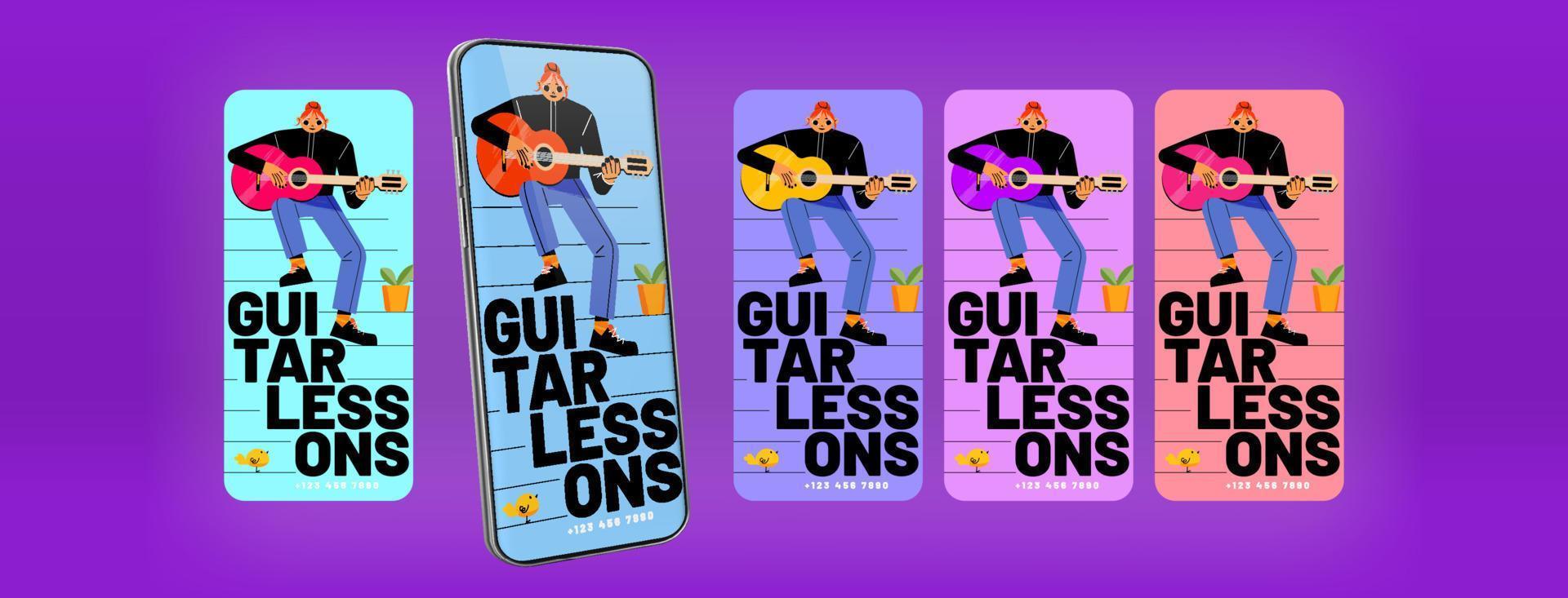 pancartas de lecciones de guitarra con música de niña vector