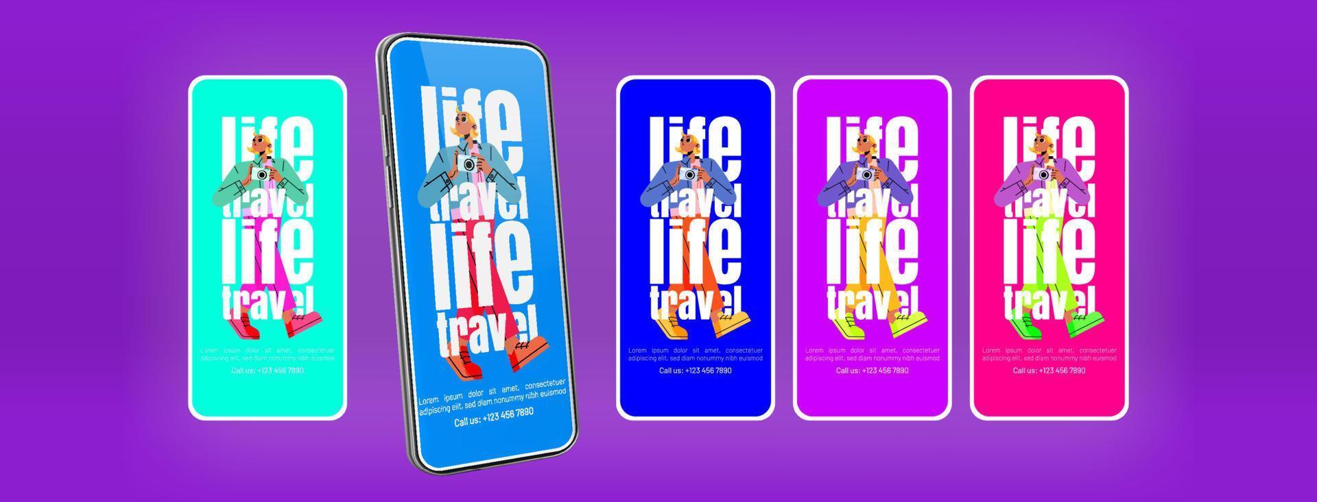 Life and travel mobile app pages with girl tourist vector