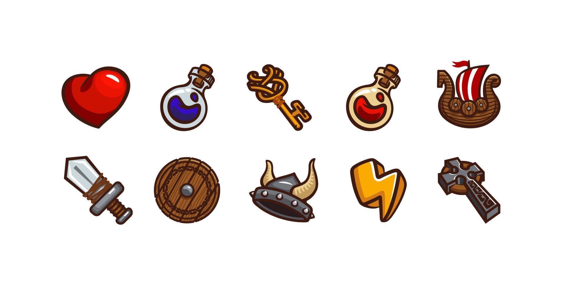 iconos de juego con casco vikingo, espada, poción, barco vector