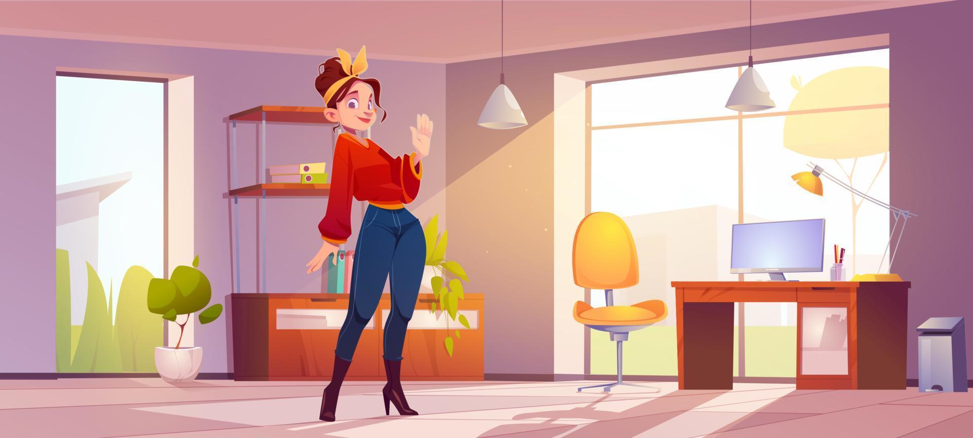 young woman at home office interior, character vector