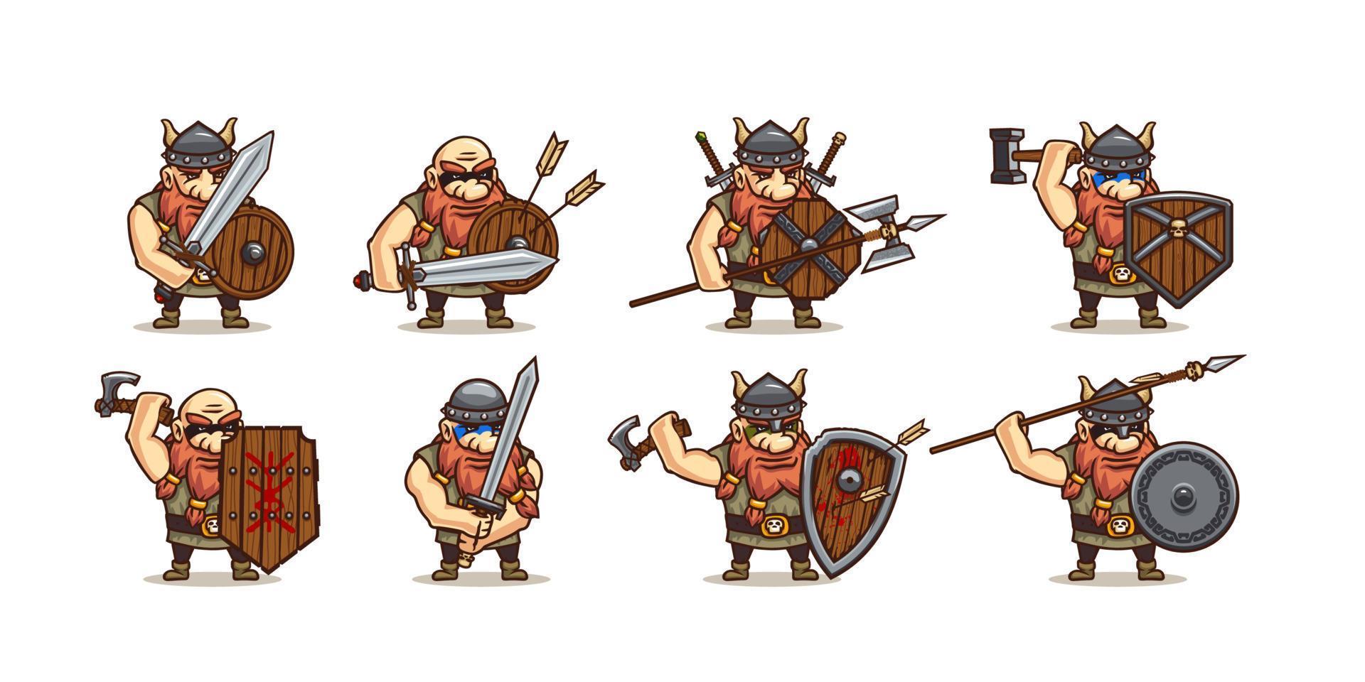 vikingo con diferentes armas y armaduras medievales vector