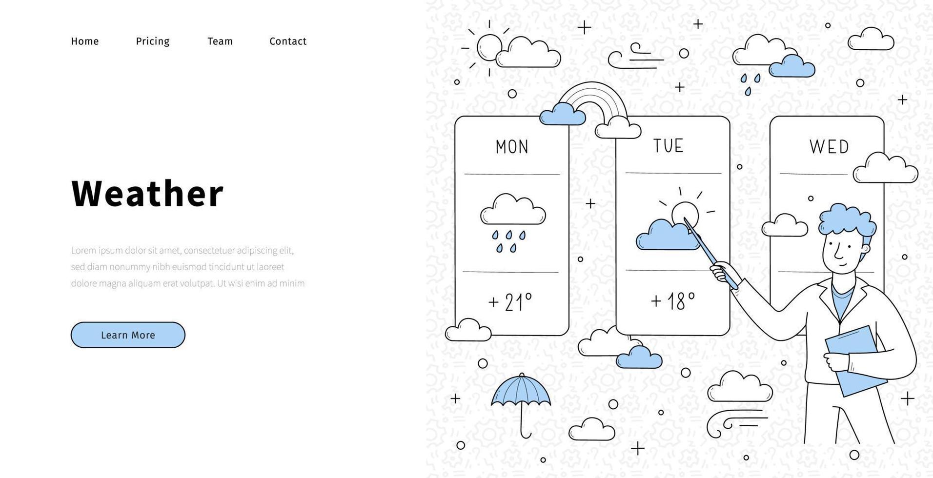 Weather forecast doodle landing page, anchorman vector