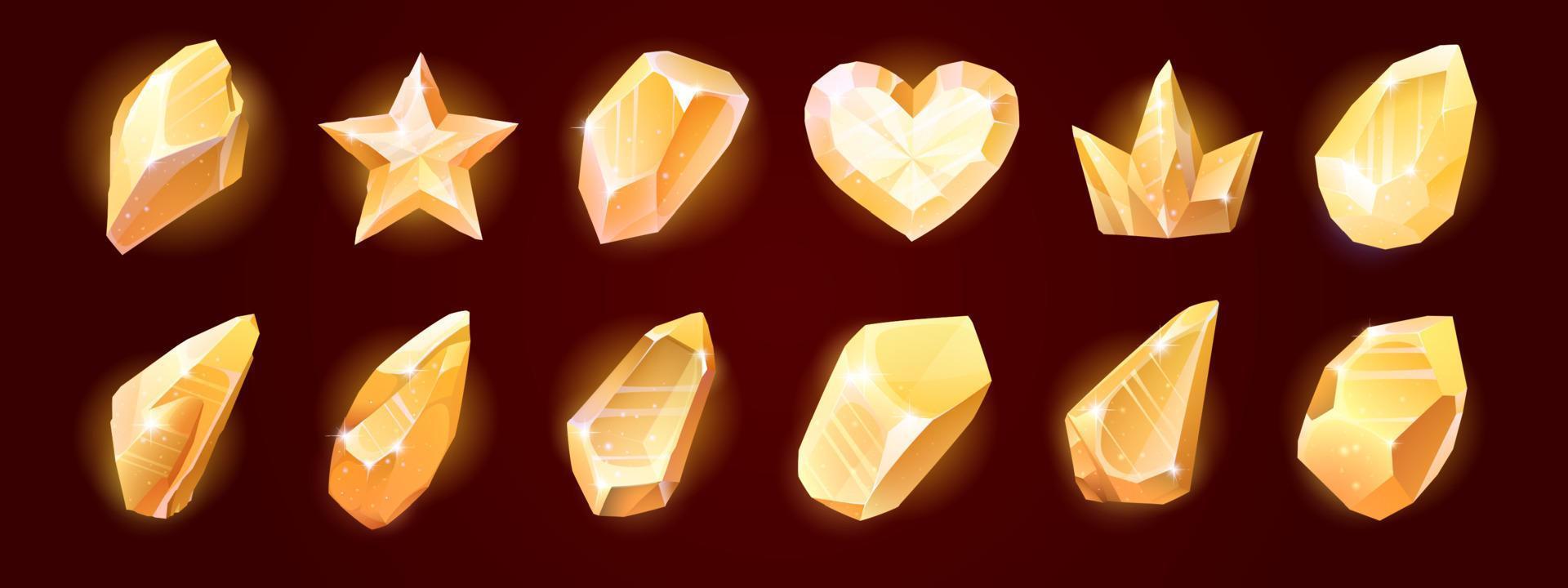 Gold magic crystals, glass or gem stones, heart vector