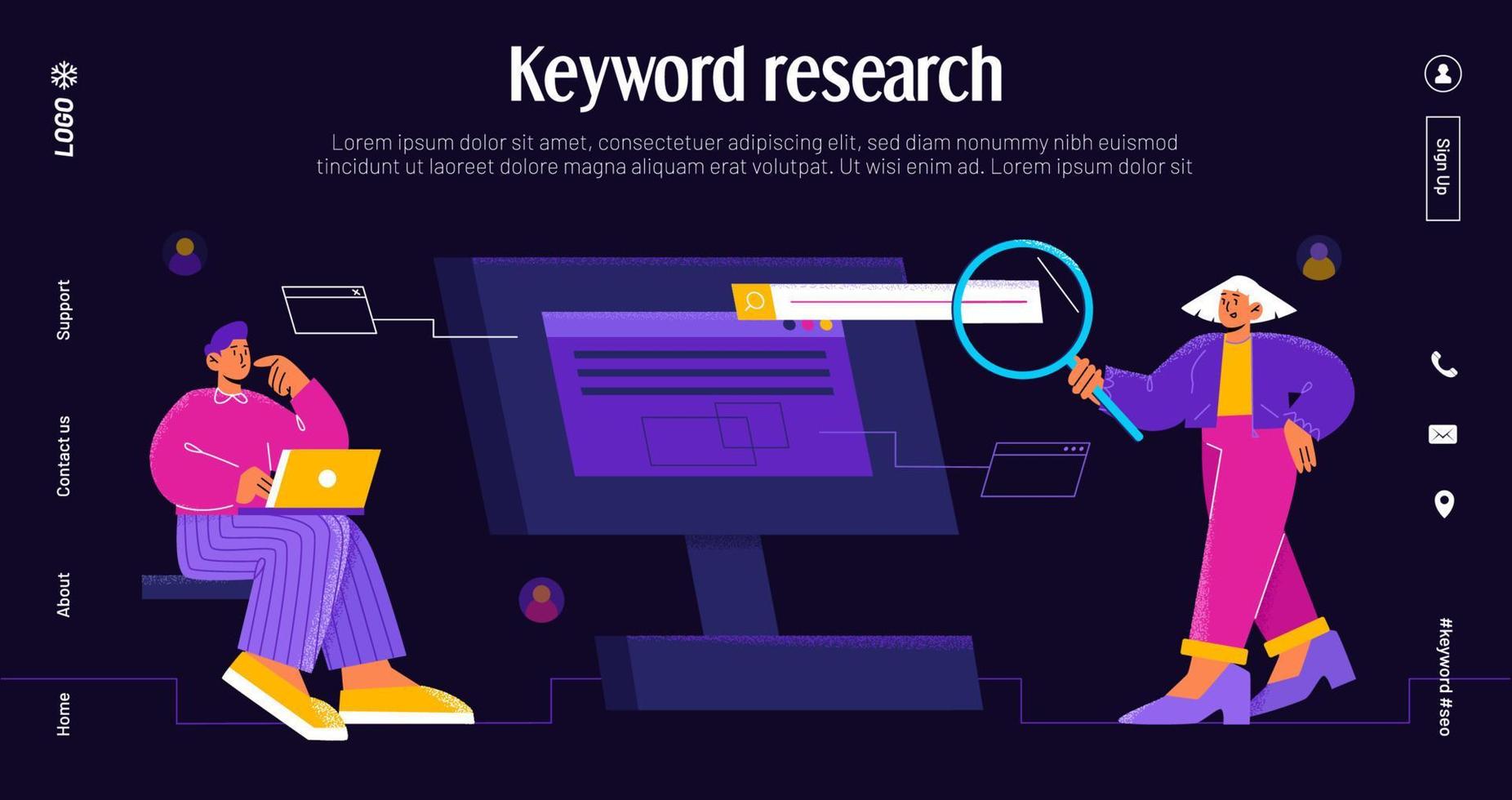 Keyword research banner with people team work vector