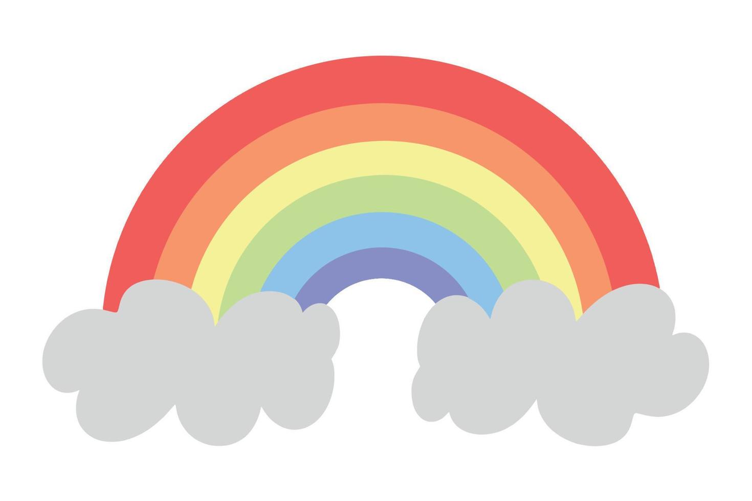 Colorful rainbow with white clouds. Rainbow vector icon on blue background.