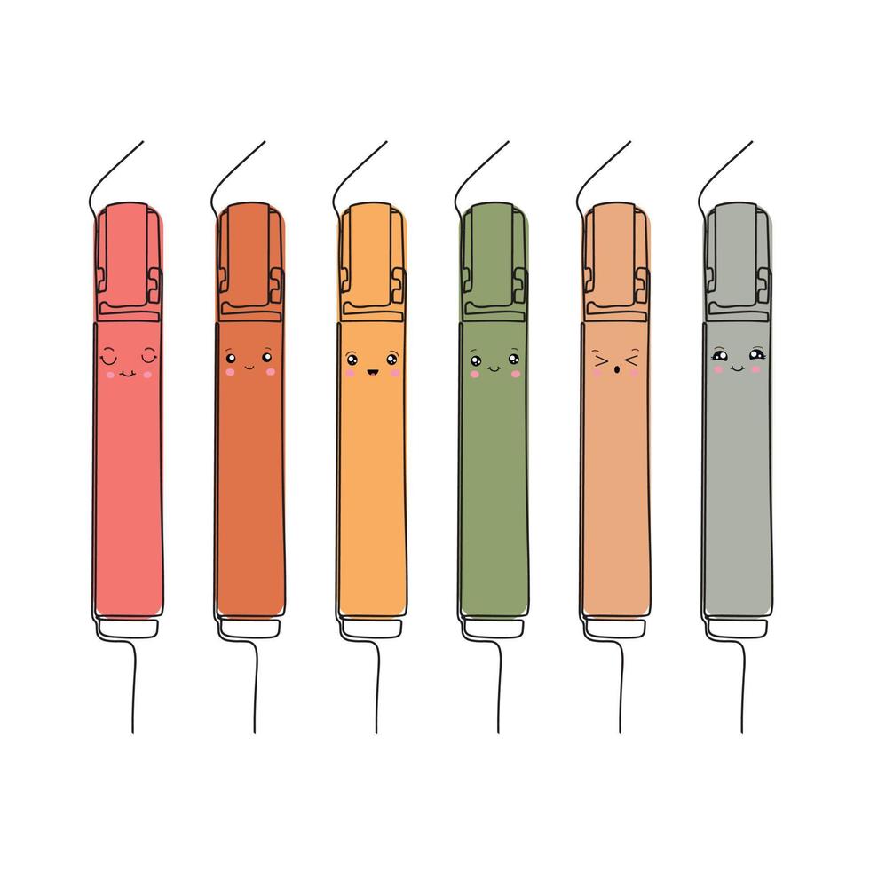 Set of colorful markers with funny emojis. Vector illustration isolated on white background.