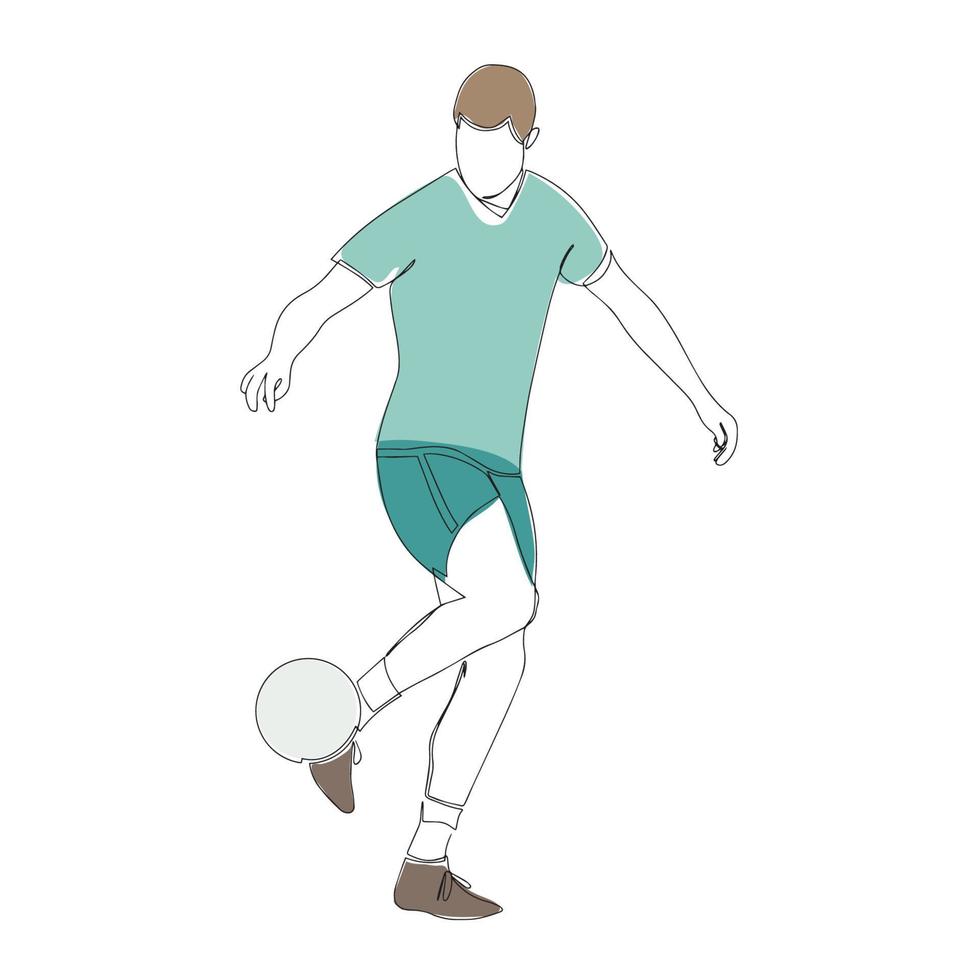 Silhouette of a soccer player with a ball. Football player kicks the ball. One line illustration. Vector illustration.