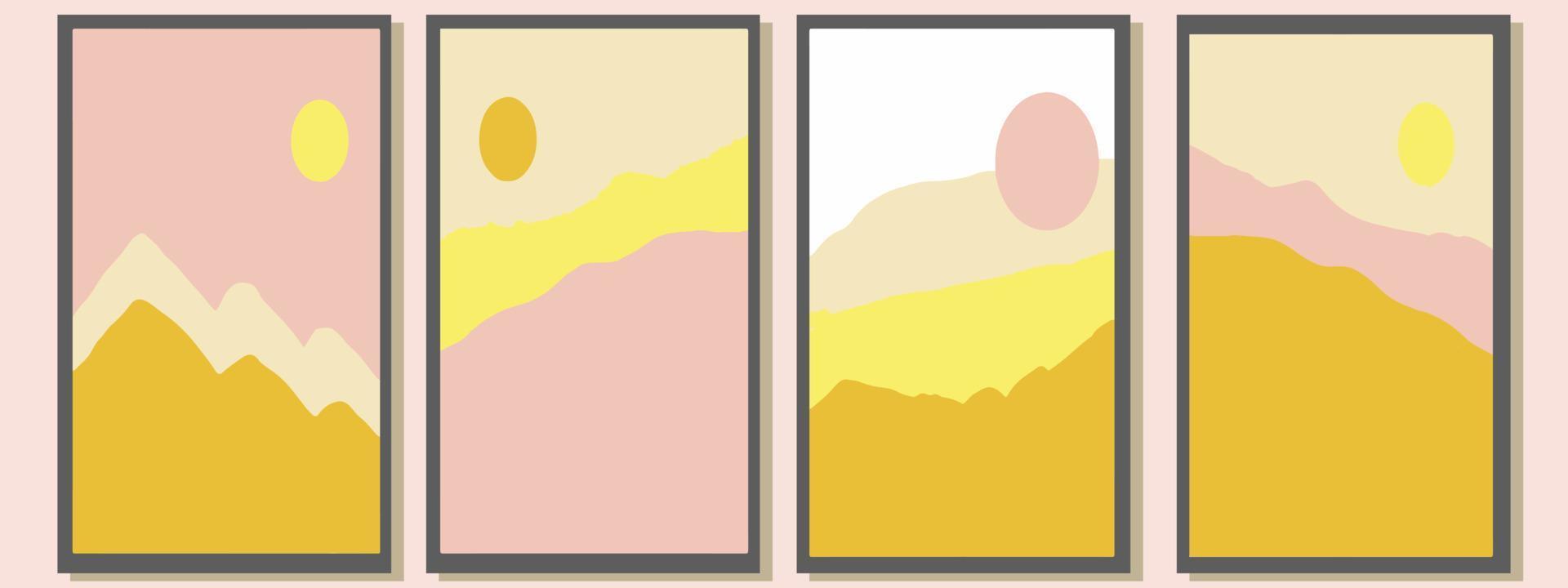 abstract minimalistic posters in trending colors set. landscape mountains and sun. vector illustration. card template