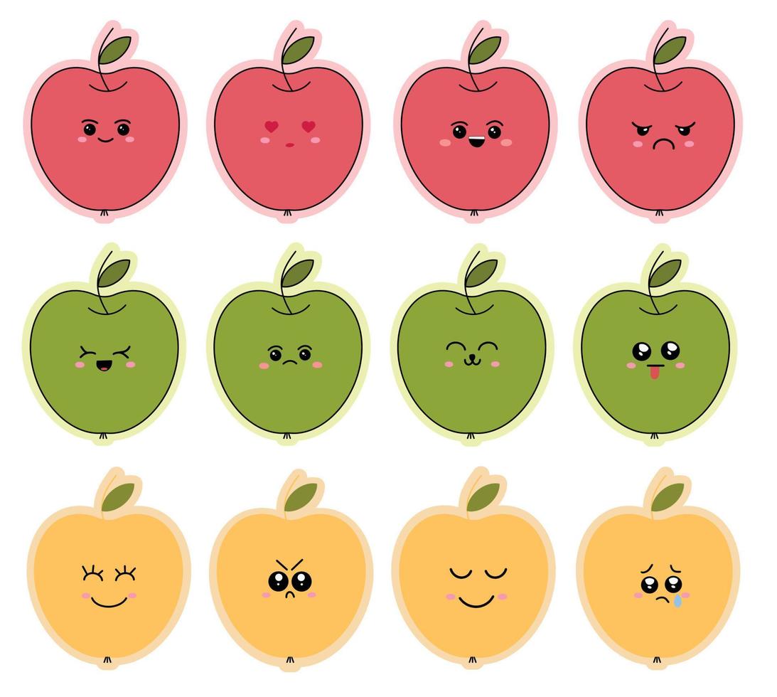 conjunto de pegatinas de emoticonos en manzanas coloridas. divertidos emoticonos de dibujos animados. ilustración vectorial aislado sobre fondo blanco. vector