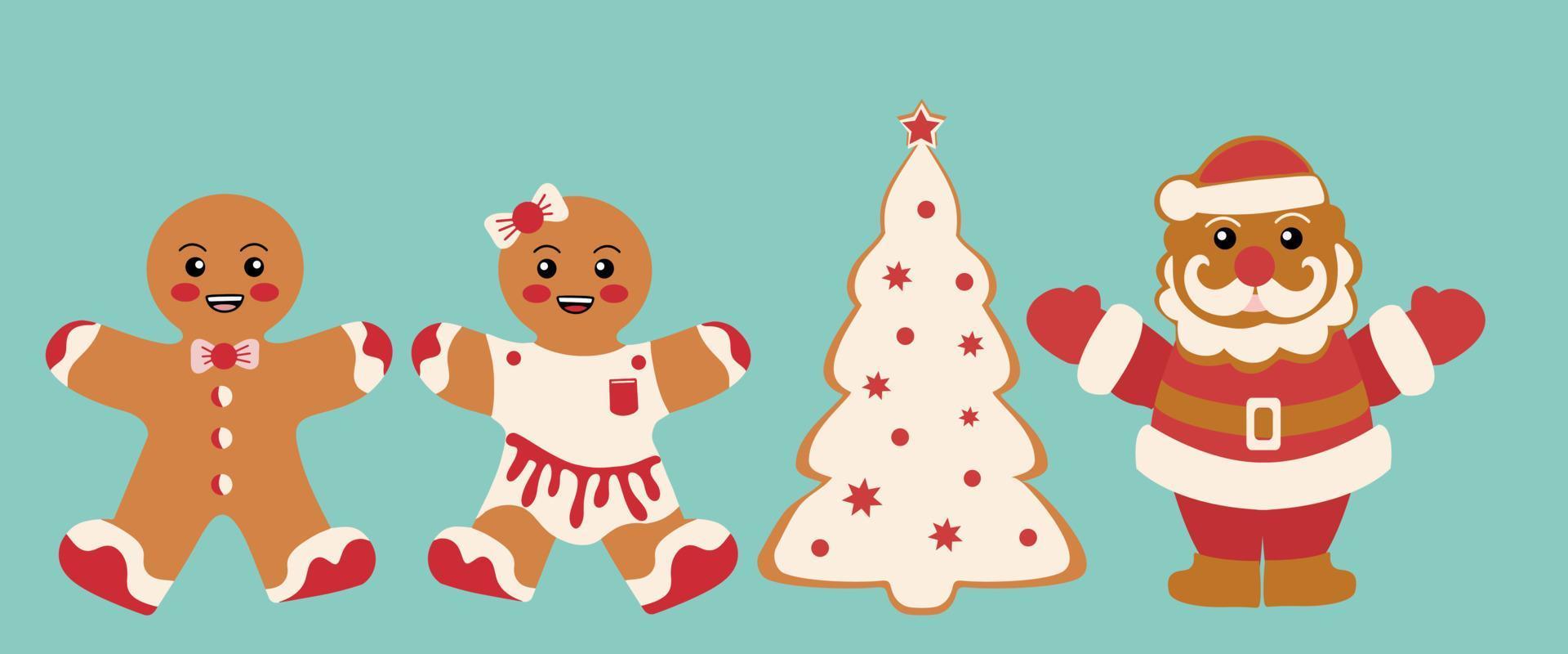 galletas festivas con hombres de pan de jengibre, un muñeco de nieve y un árbol de navidad. decoración de feliz navidad. Feliz Navidad. celebración de año nuevo y navidad vector