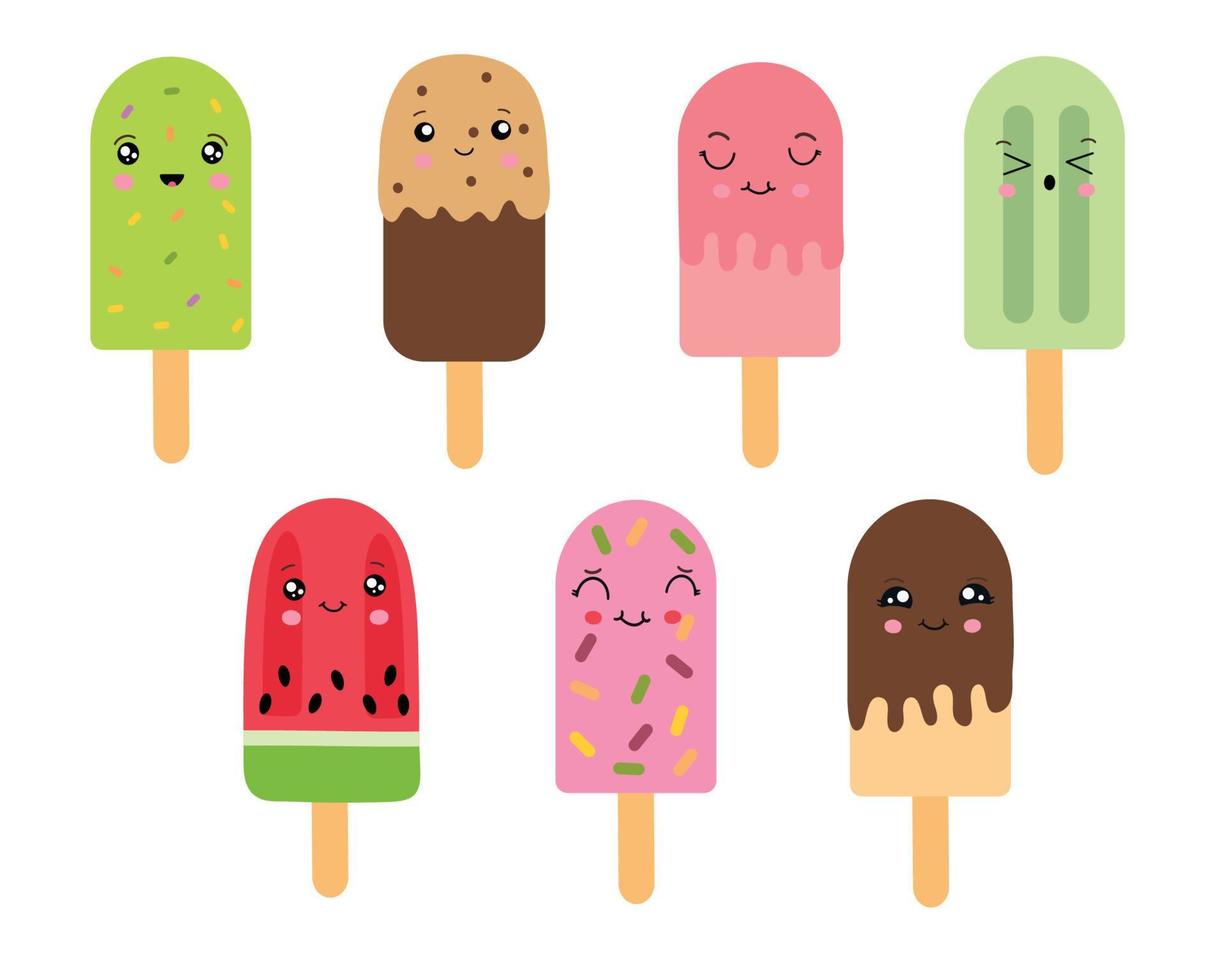 Popsicle ice cream on a stick in the style of kawaii. Vector illustration isolated on a white background