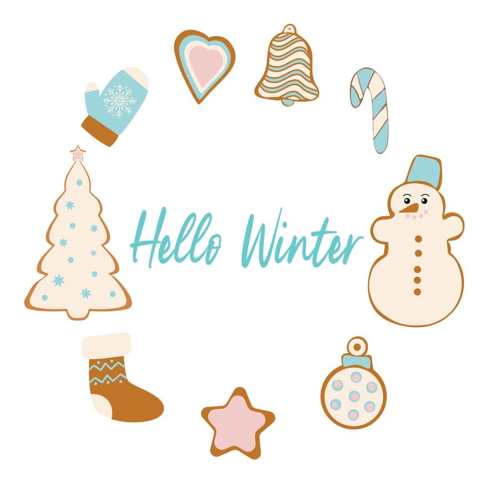 Hello winter. Circle of gingerbread cookies. Vector illustration isolated on white background