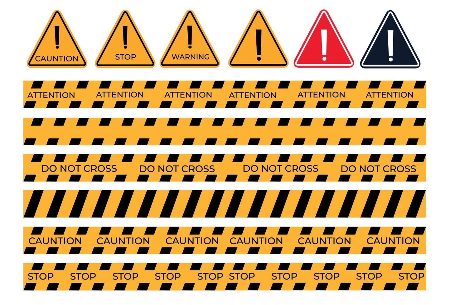Construction and crime warning tape set. Triangular warning symbols with an exclamation point. Vector illustration