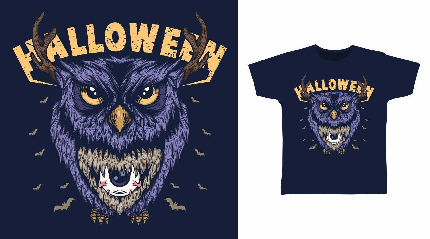 búho de halloween con diseño de camiseta de ciervo espina vector