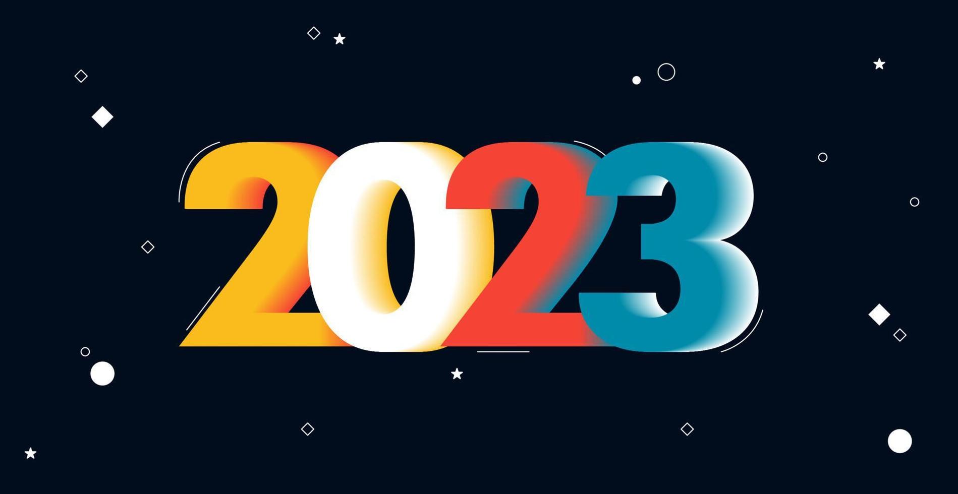 Afiche colorido de feliz año nuevo 2023. logotipo de diseño abstracto 2023 vector, fondo, banner, portada, tarjeta y plantilla de medios sociales. pancarta vectorial vector