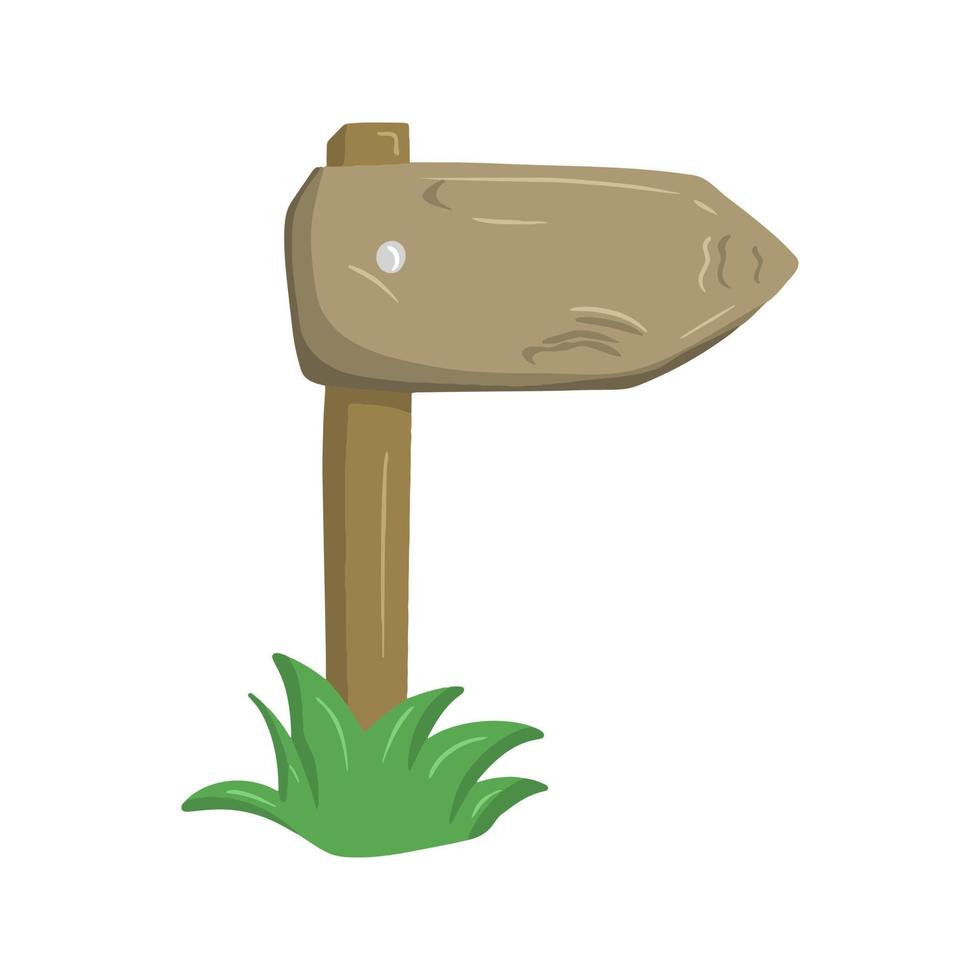 Old cartoon wooden pointer standing on the grass, vector illustration in flat style, on a white background