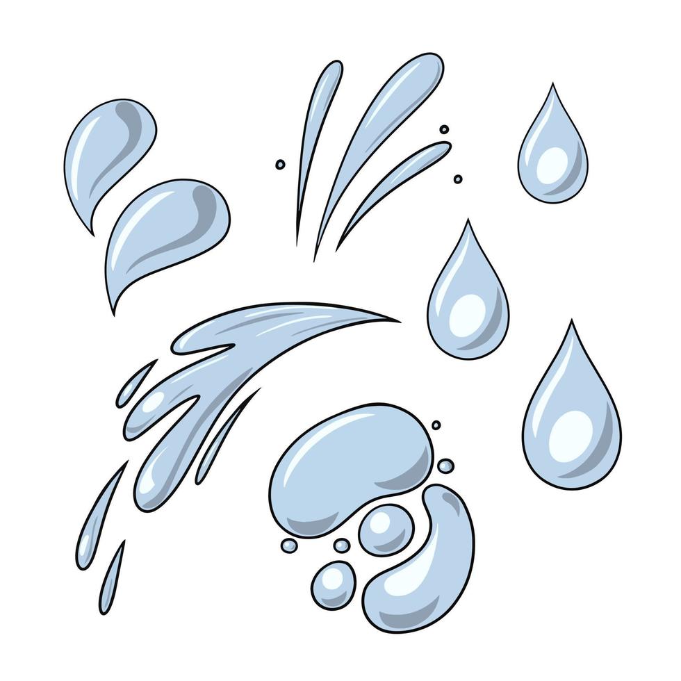 un conjunto de iconos de colores, olas y gotas de agua en estilo de dibujos animados, varias salpicaduras, ilustración vectorial sobre un fondo blanco vector