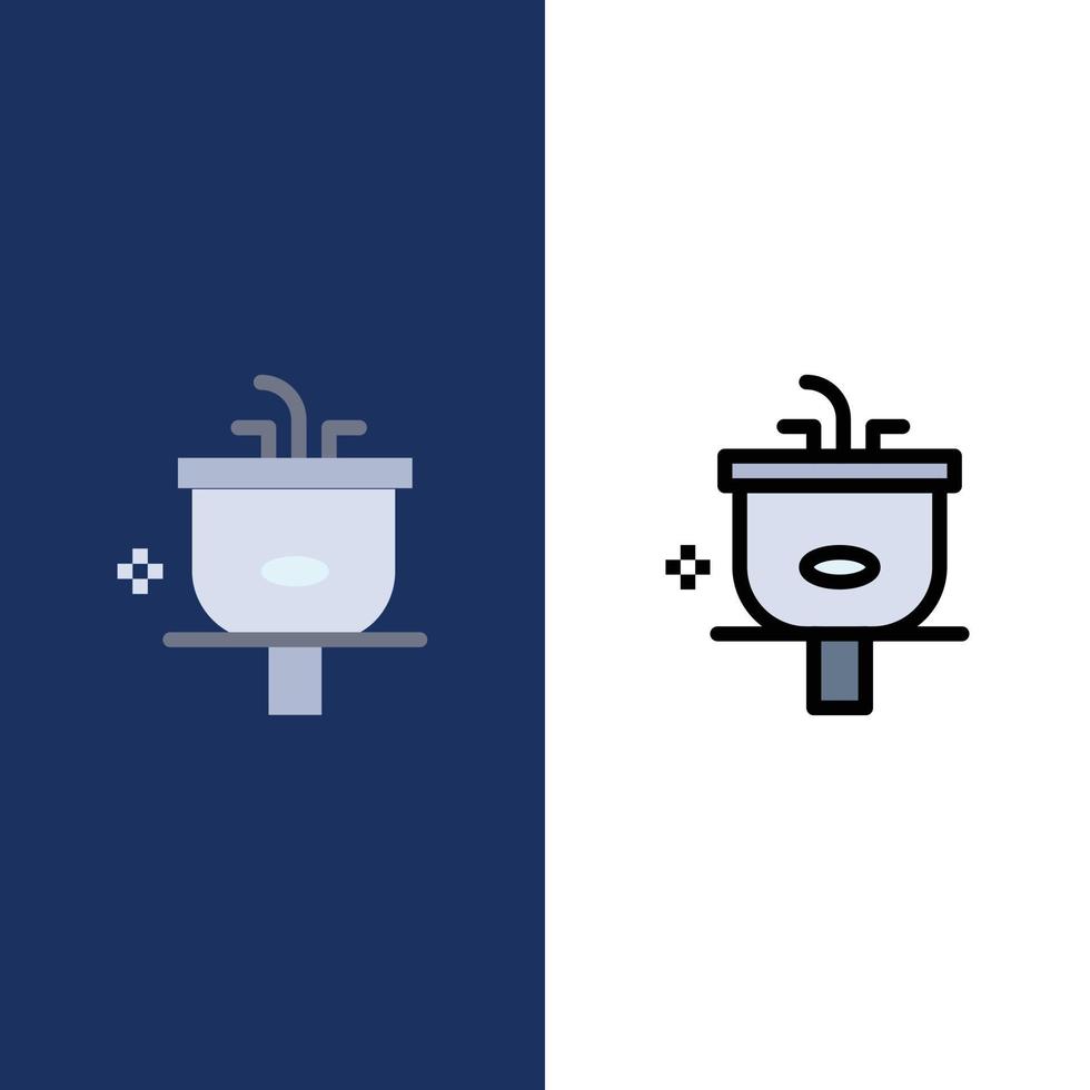 lavabo baño limpieza ducha lavado iconos plano y línea llena conjunto de iconos vector fondo azul