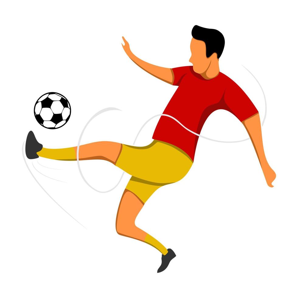 Flat cartoon football player kicking the ball. Vector illustration ...