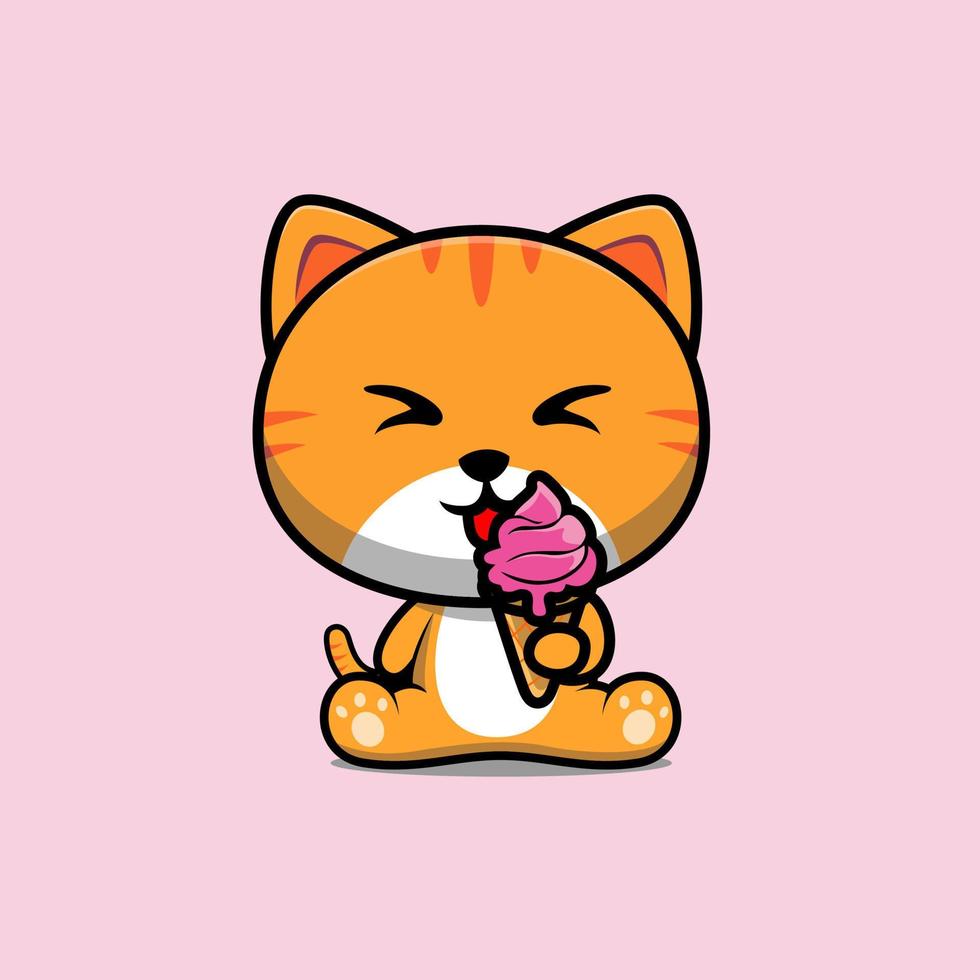 illustration of cute cat eating ice cream vector design