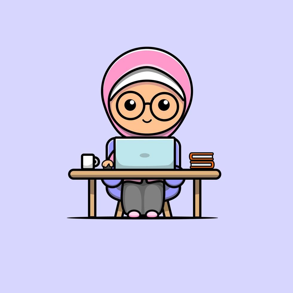 illustration of cute muslim girl studying vector design