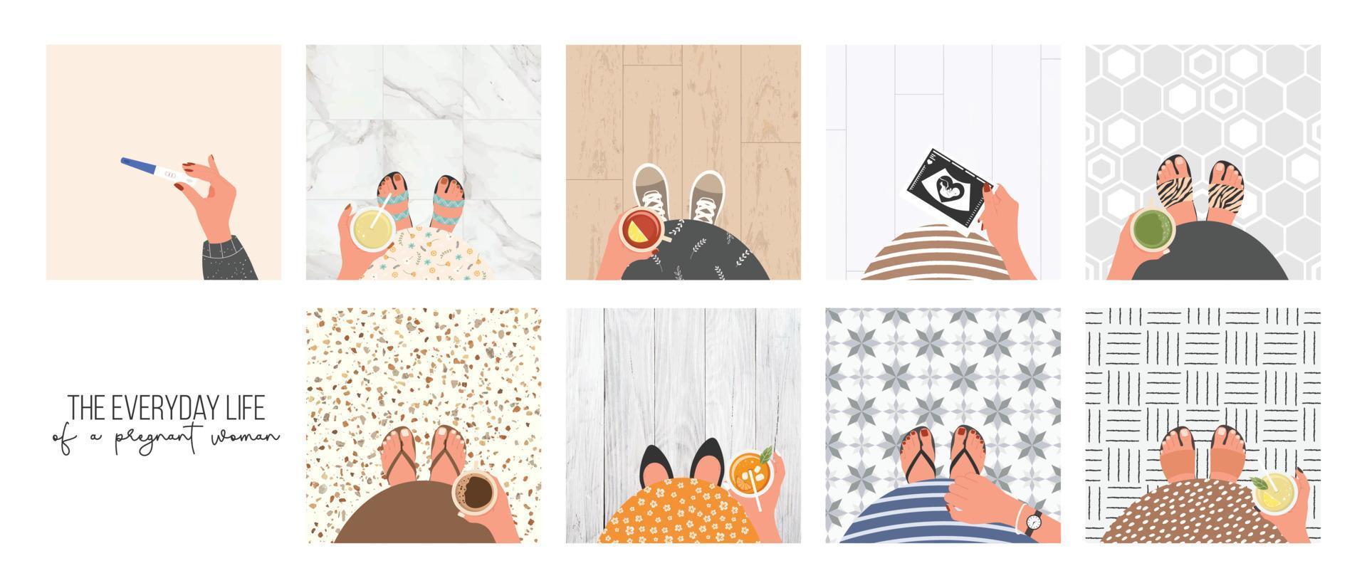 Set of illustrations of a pregnant girl's everyday life with a top view of her tummy, healthy lifestyle, drinking healthy drinks, juices, matcha, tea, decaffeinated coffee. Vector