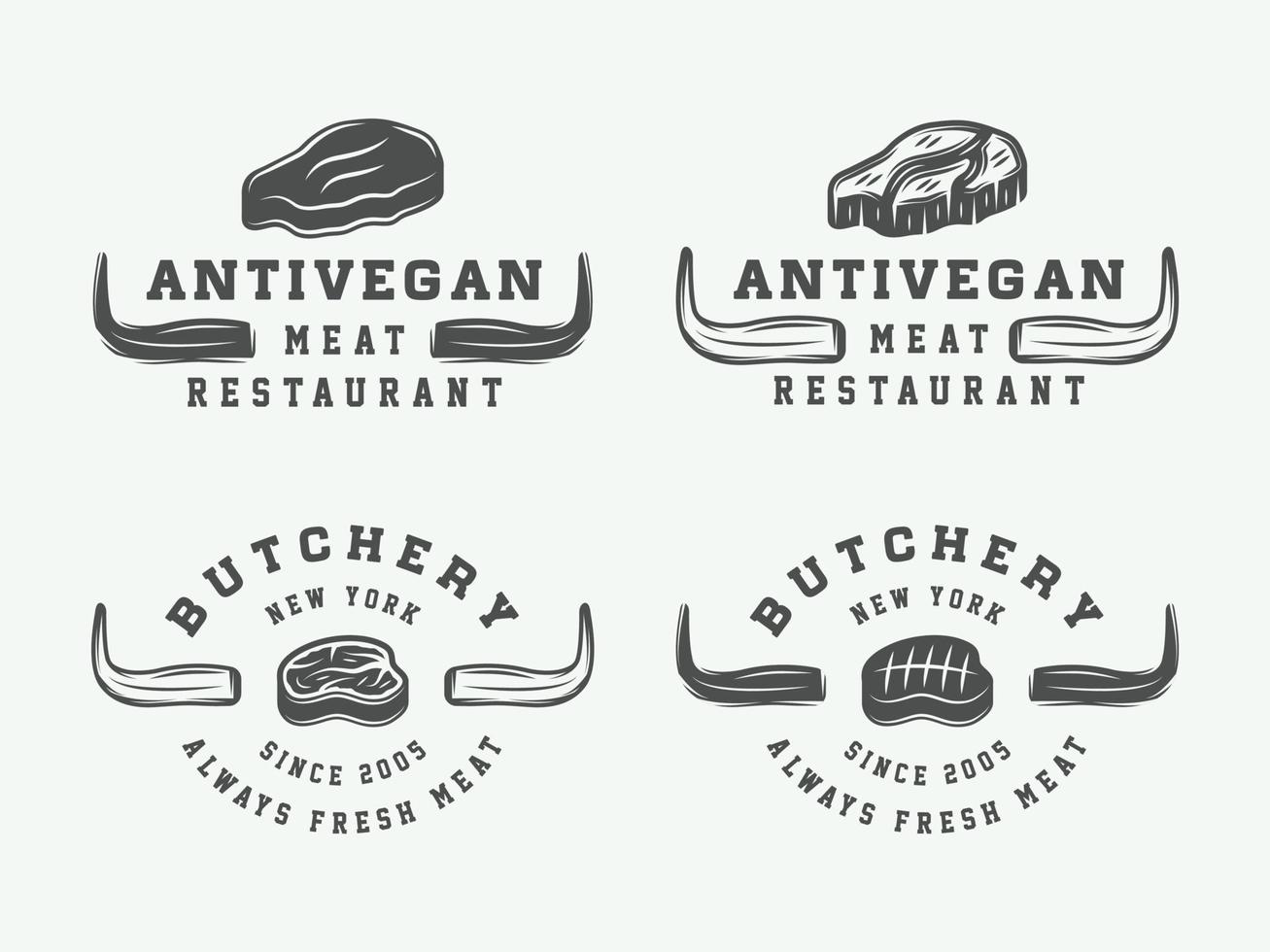 conjunto de logotipos, emblemas, insignias, etiquetas de carne de carnicería vintage, bistec o barbacoa. arte gráfico monocromático. ilustración vectorial vector