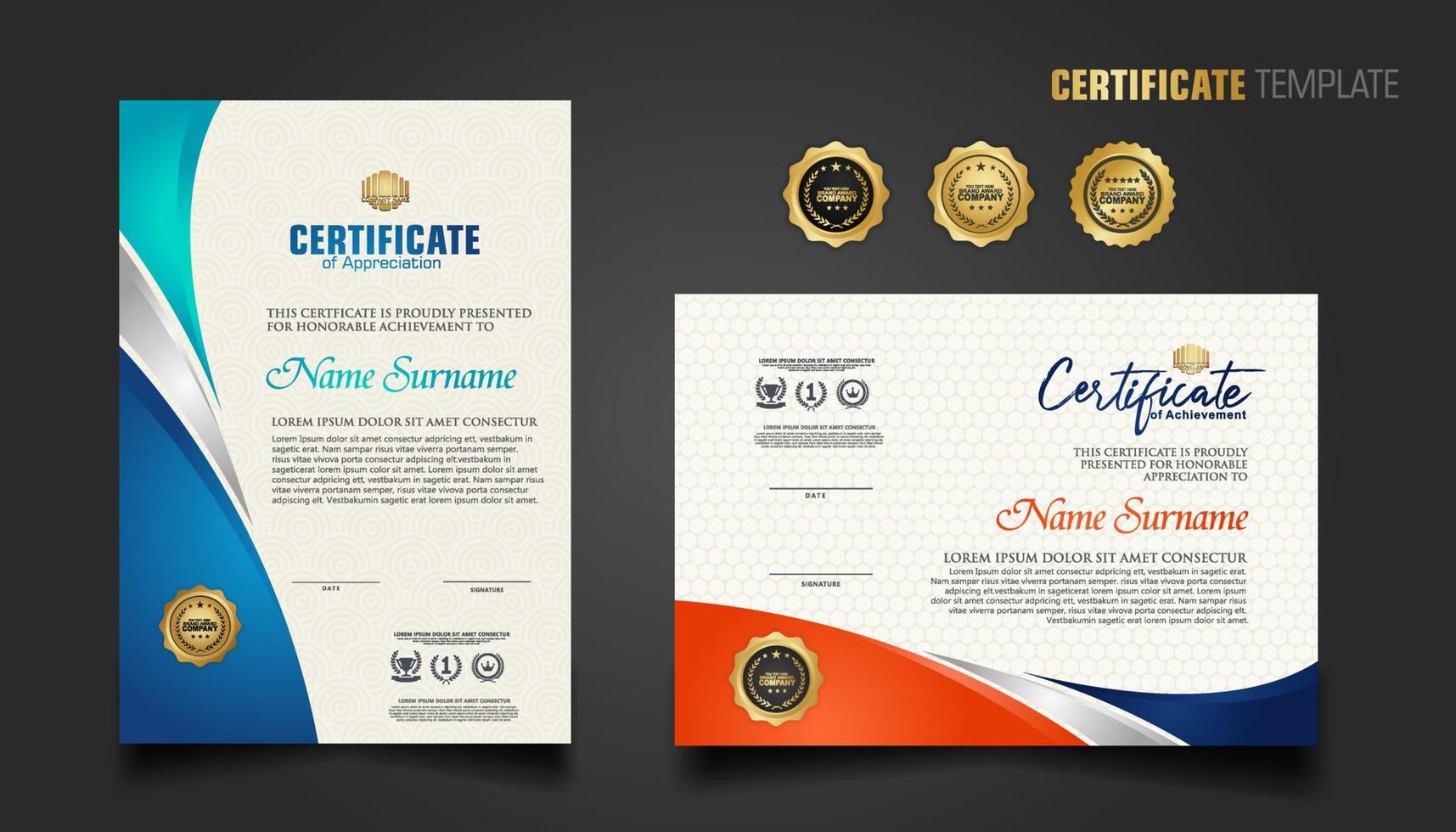 Modern certificate template with beautiful combination color on waving shape background vector