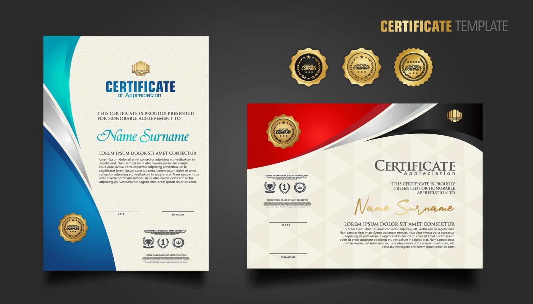 Modern certificate template with beautiful combination color on waving shape background vector