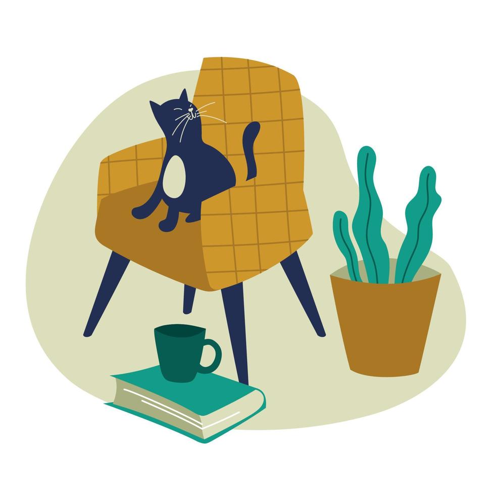 Interior. The cat is sitting on an armchair, a potted flower and a book on the floor. Vector image.