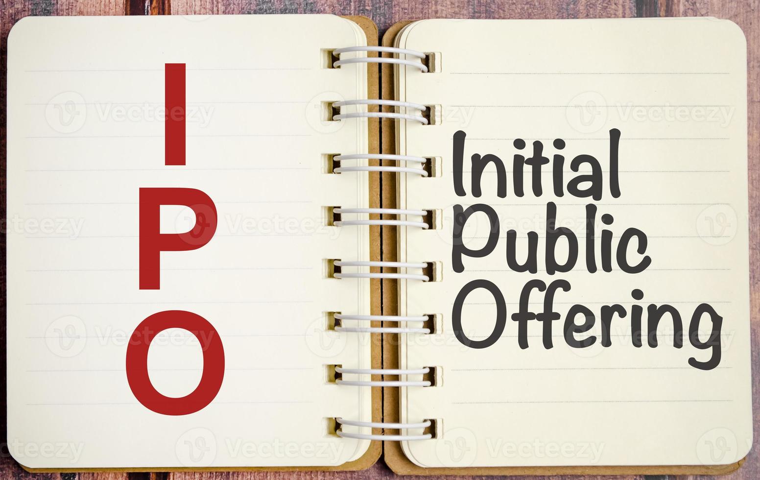 Initial public offering concept. IPO. text on white notepad paper on wooden background photo