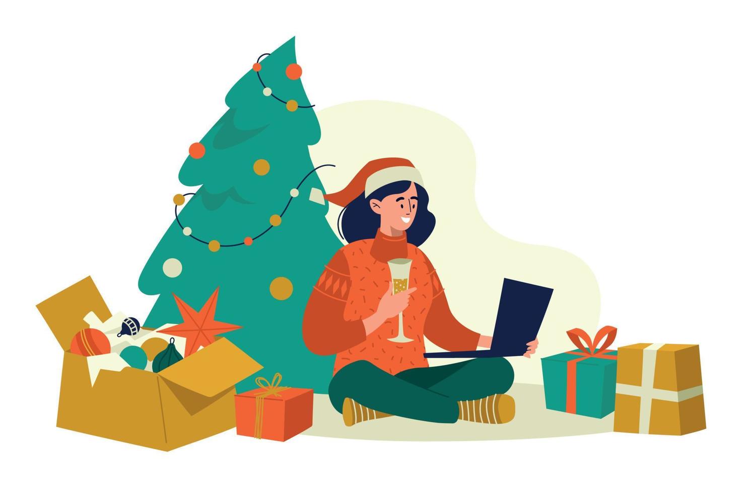 ambiente navideño. una niña con una computadora portátil se sienta cerca del árbol de navidad. felicitaciones en línea. concepto. imagen vectorial vector