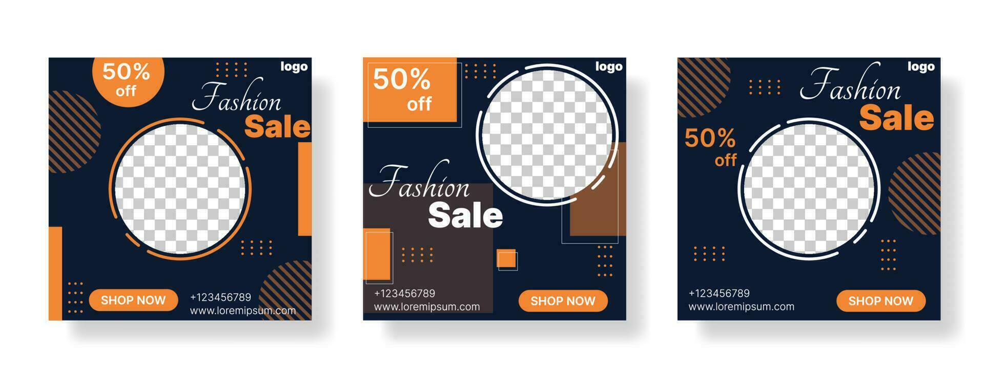 colección de banners de venta de moda para publicaciones en redes sociales en color azul oscuro y naranja. ilustración vectorial vector