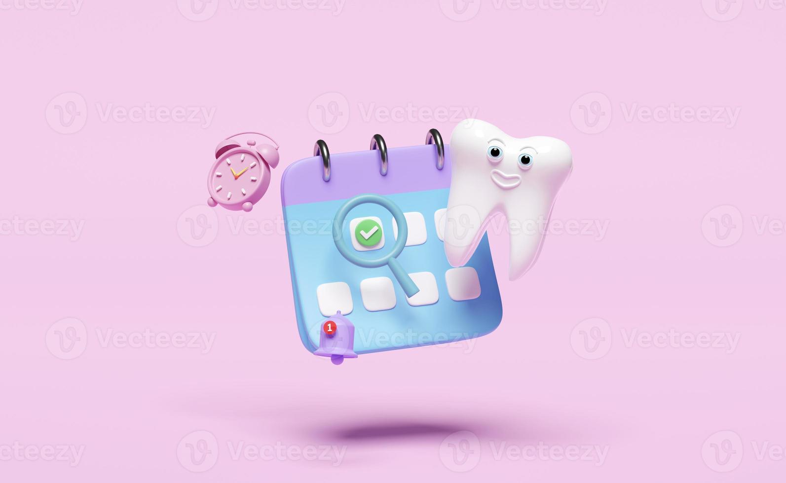 Calendario 3d con modelo de dientes molares dentales, reloj, iconos de marca de verificación, fecha marcada, campana de notificación aislada en rosa. salud de dientes blancos, examen dental del dentista, ilustración 3d foto