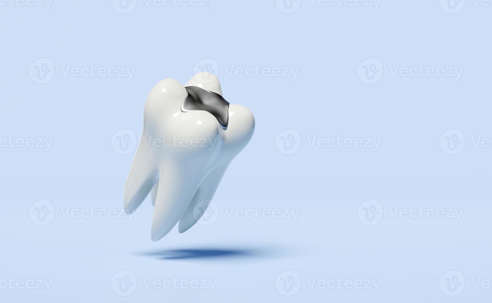 3d dental molar teeth model icon with filling material isolated on blue background. dental examination of the dentist, health of white teeth, 3d render illustration photo