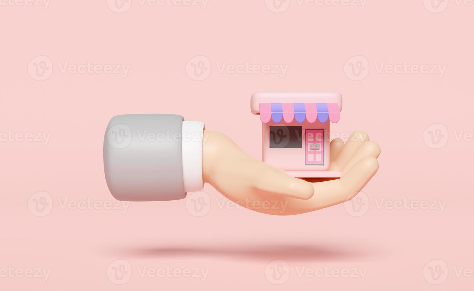 cartoon hands holding shop store front isolated on pink background. Startup franchise business or loan approval concept, 3d illustration or 3d render, clipping path photo