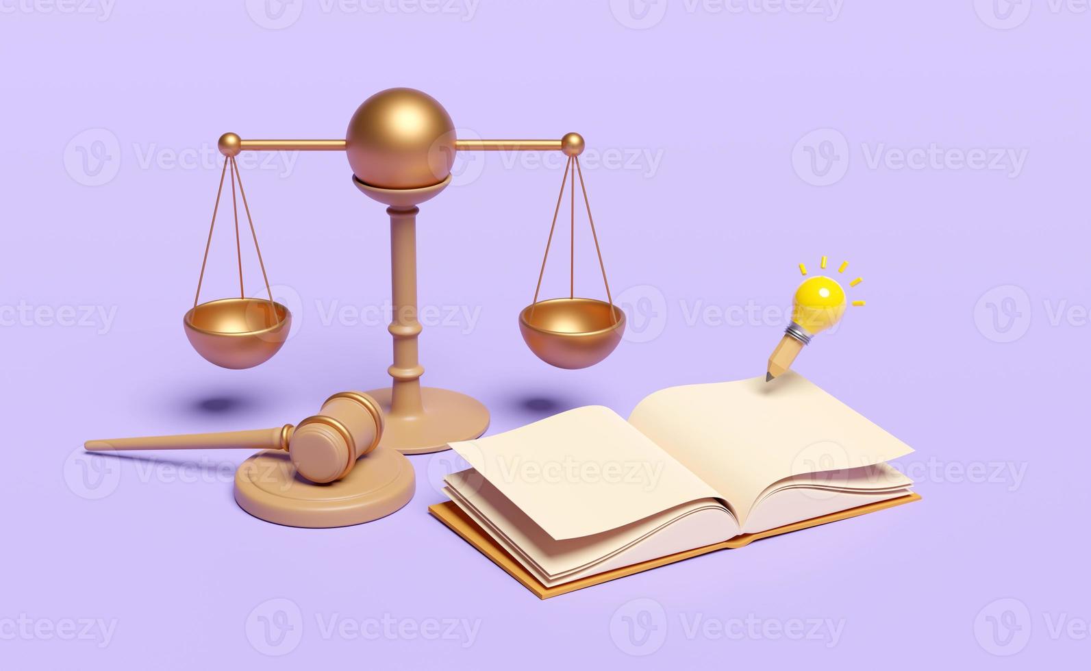 3d judge gavel, hammer auction with stand, justice scales, light bulb, pencil, open book isolated on purple background. law, justice system symbol, idea tip, 3d render illustration, clipping path photo