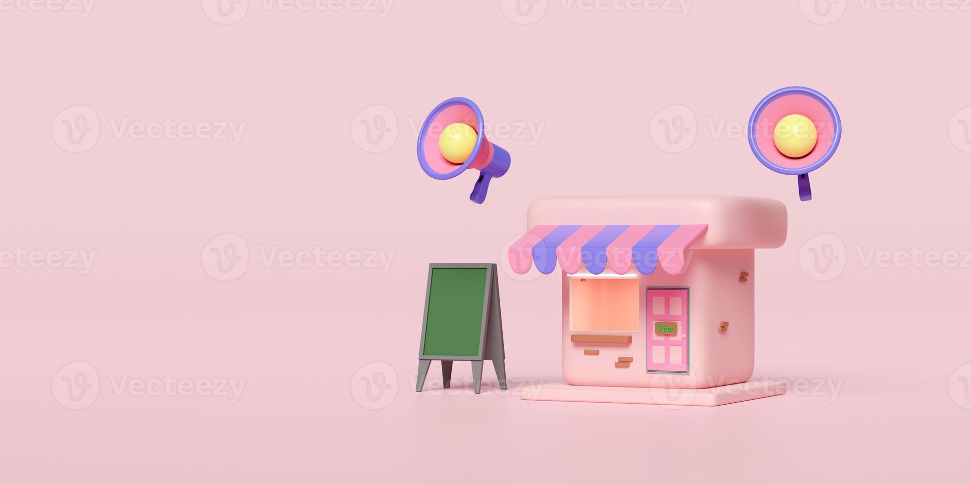 3d shop store front with megaphone, hand speaker, green sign isolated on pink background. promotion online shopping sale, startup franchise business concept, 3d render illustration, clipping path photo