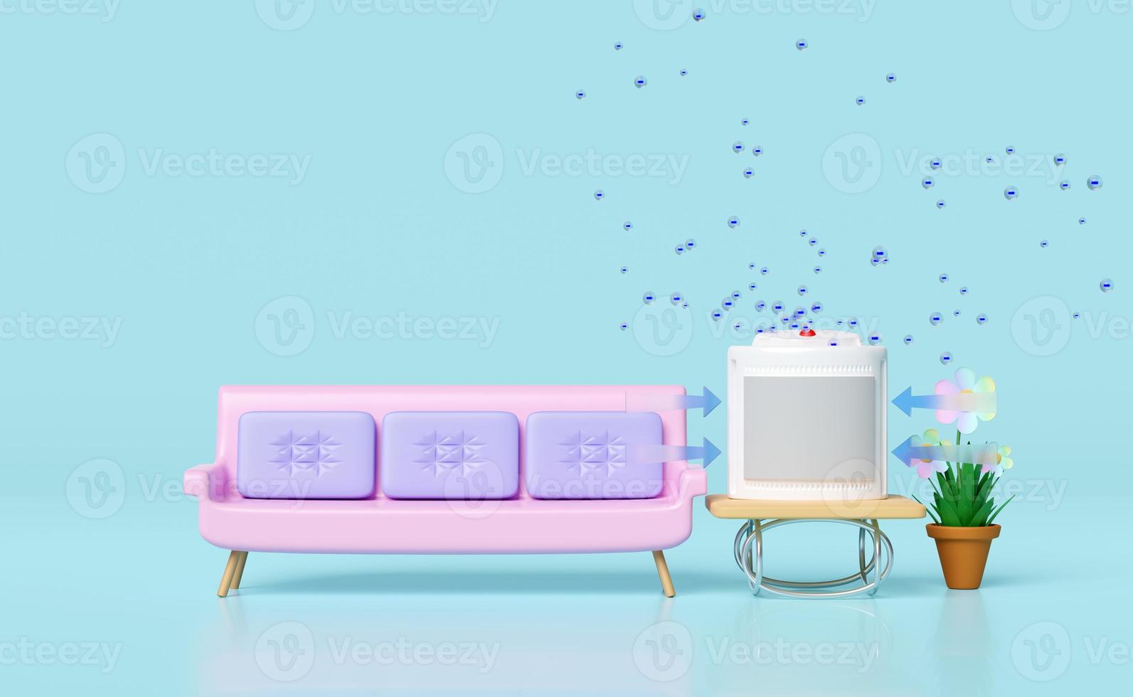 3d air purifier, dehumidifier, misting fans with electron anion, ozone, arrow air flows shows,  bench or sofa in room isolated on blue background. 3d render illustration, allergy prevention concept photo