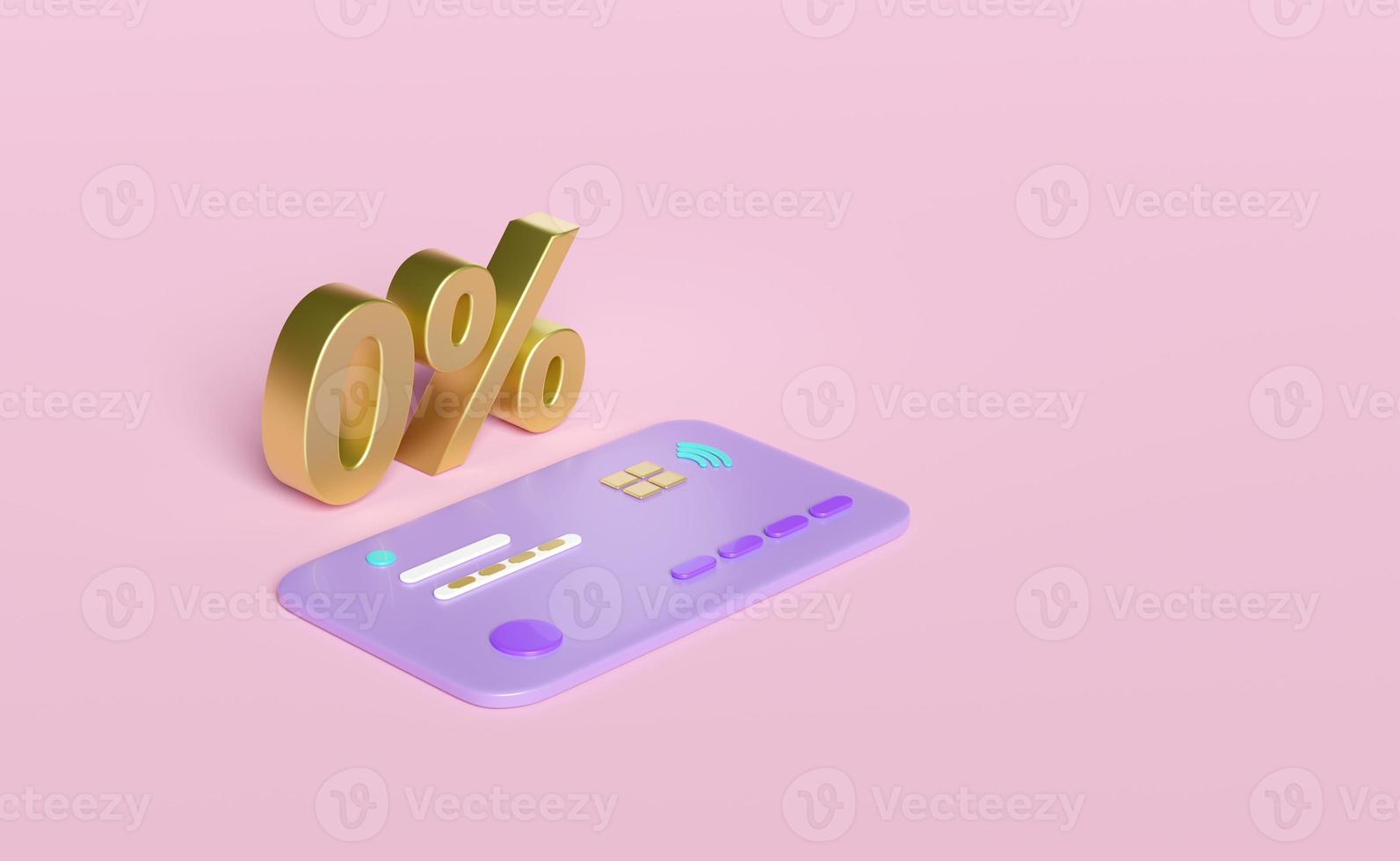 3d gold zero percent isolated on pink background. discounted products via credit card concept, 3d render illustration, clipping path photo