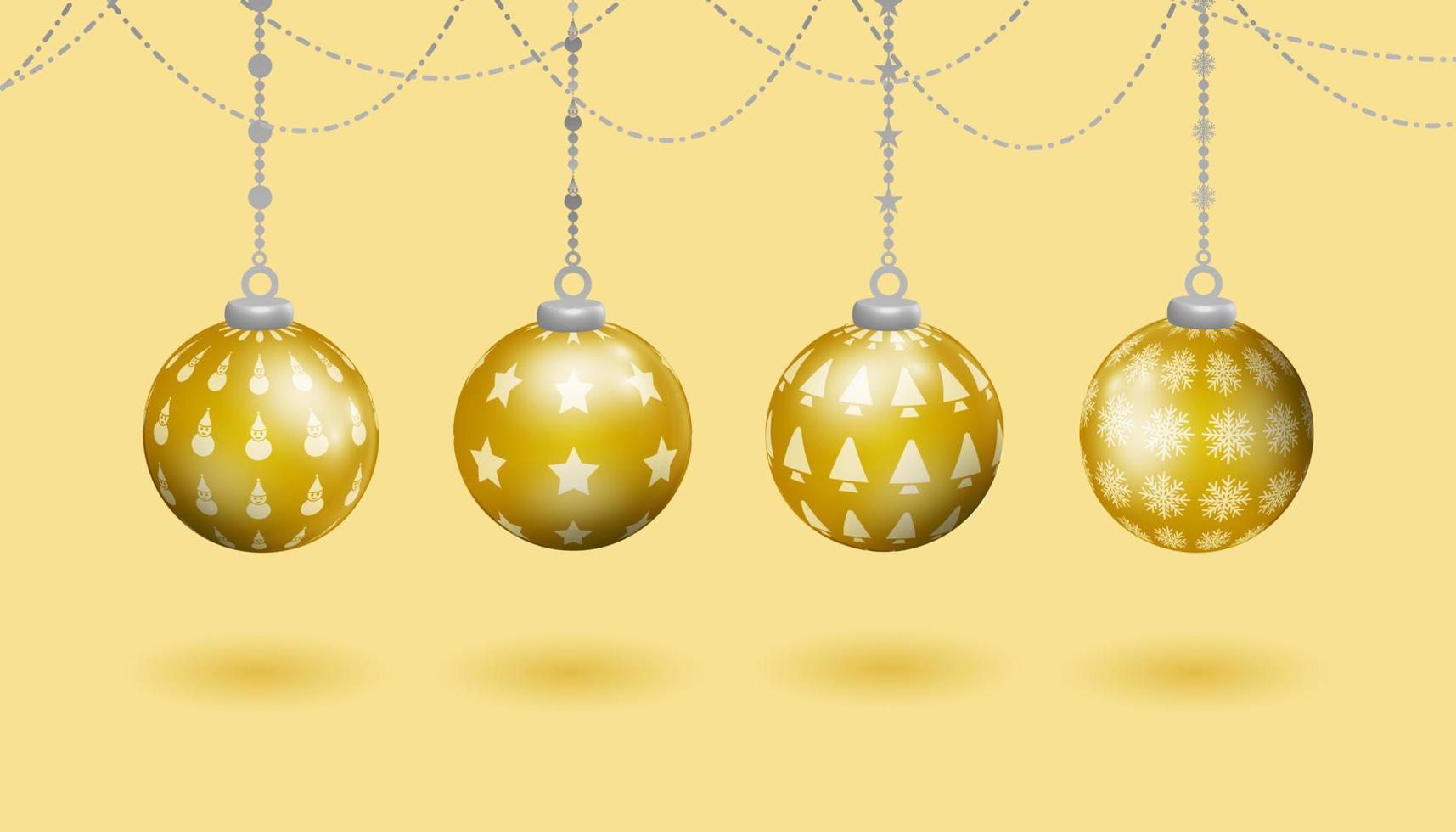 gold realistic hanging ball christmas decoration set, with various patterns of christmas symbols, christmas tree, snowman, stars, snowflakes vector