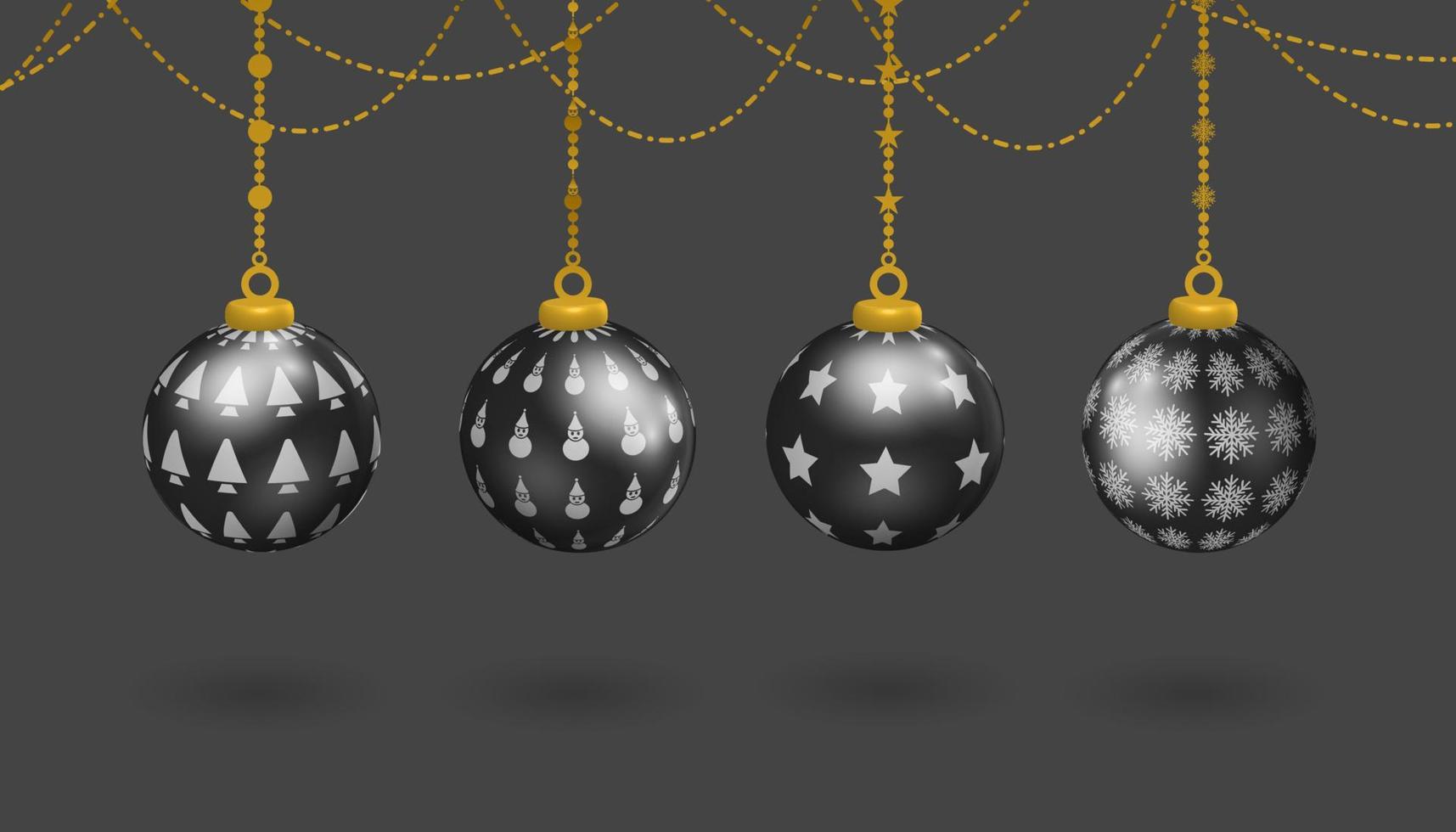black hanging ball decoration set, with various symbol patterns, snowman, christmas tree, stars and snowflakes, christmas decorative realistic 3d vector