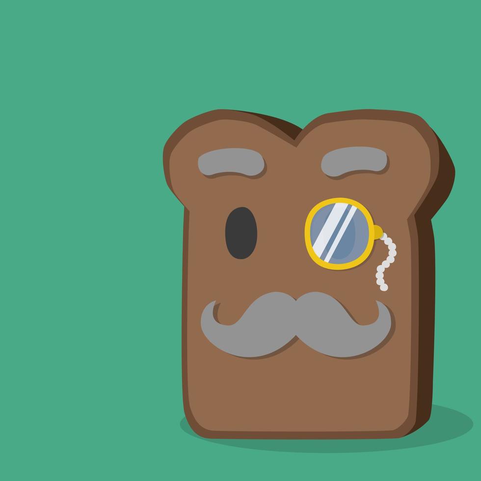 Cartoon dark slice of bread with retro mustache and monocle glasses aristocrat vector illustration